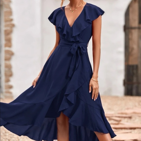 Boho burgundy butterfly sleeve blue ruffle hem belted wrap dress - Picture 6 of 16